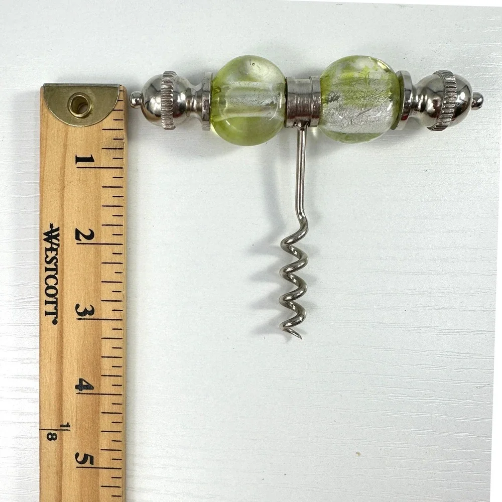 Murano Style Glass Corkscrew Chartreuse Green Silver Foil T-Handle Barware